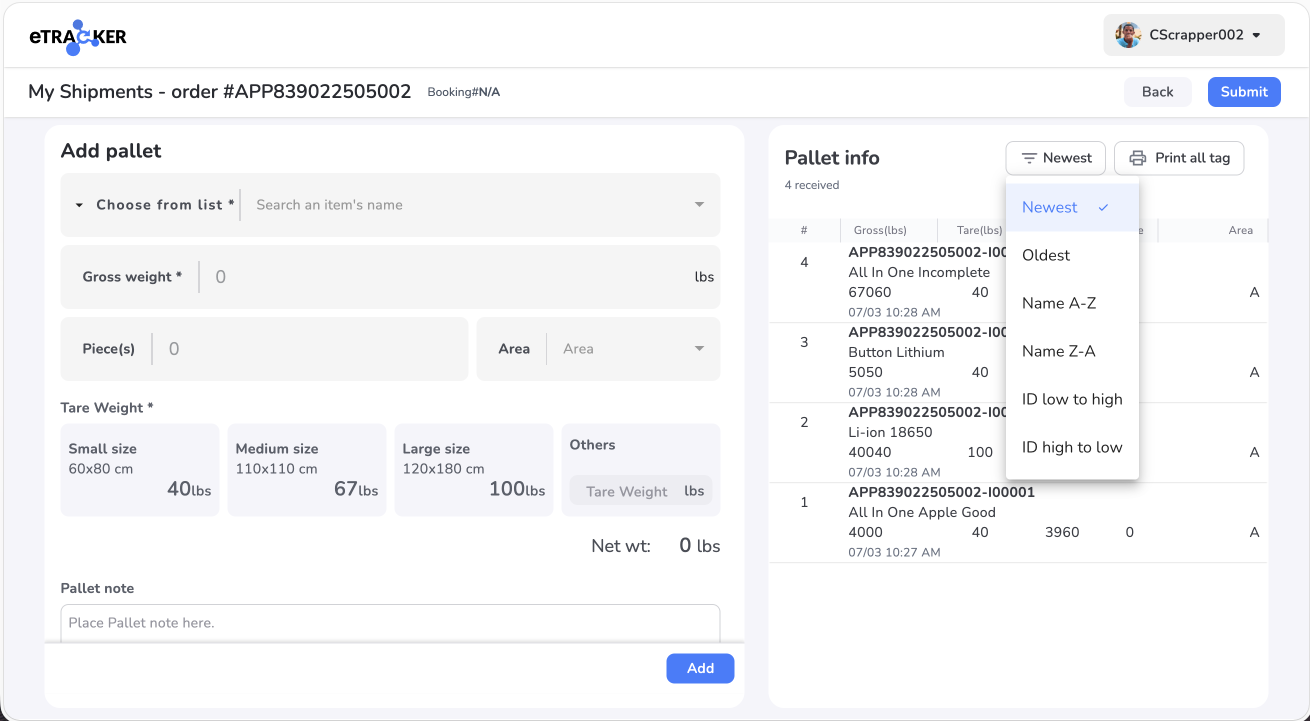 Receiving list sorting screen